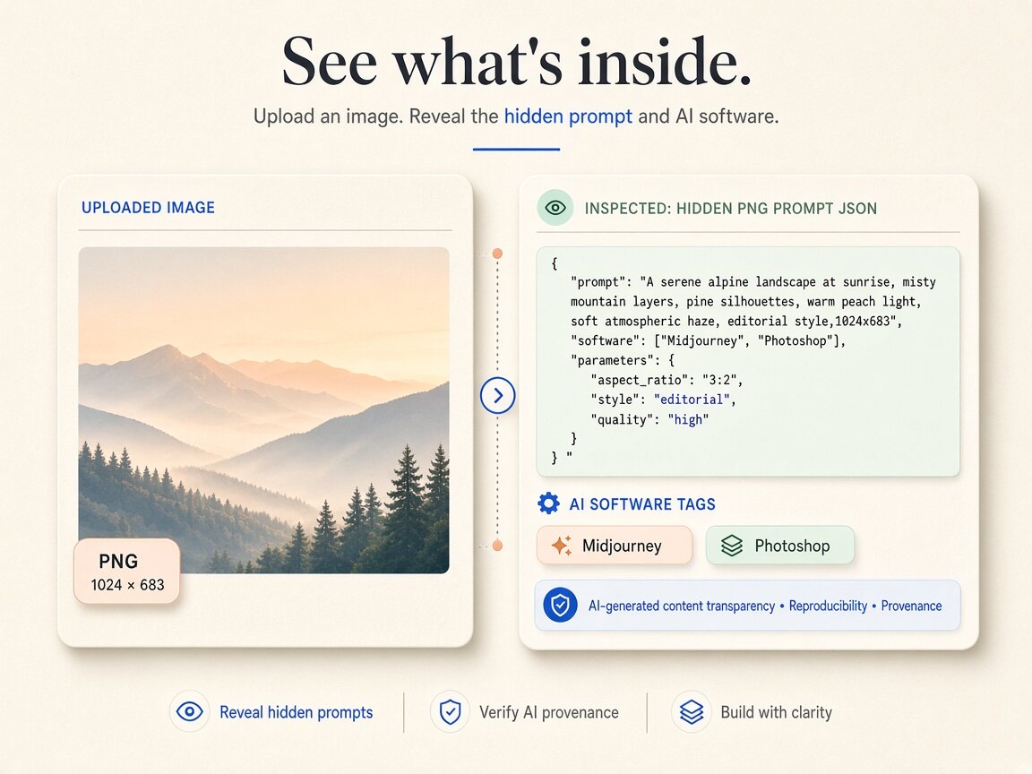Read-only ai metadata checker interface displaying extracted container headers and summary badges locally in the browser