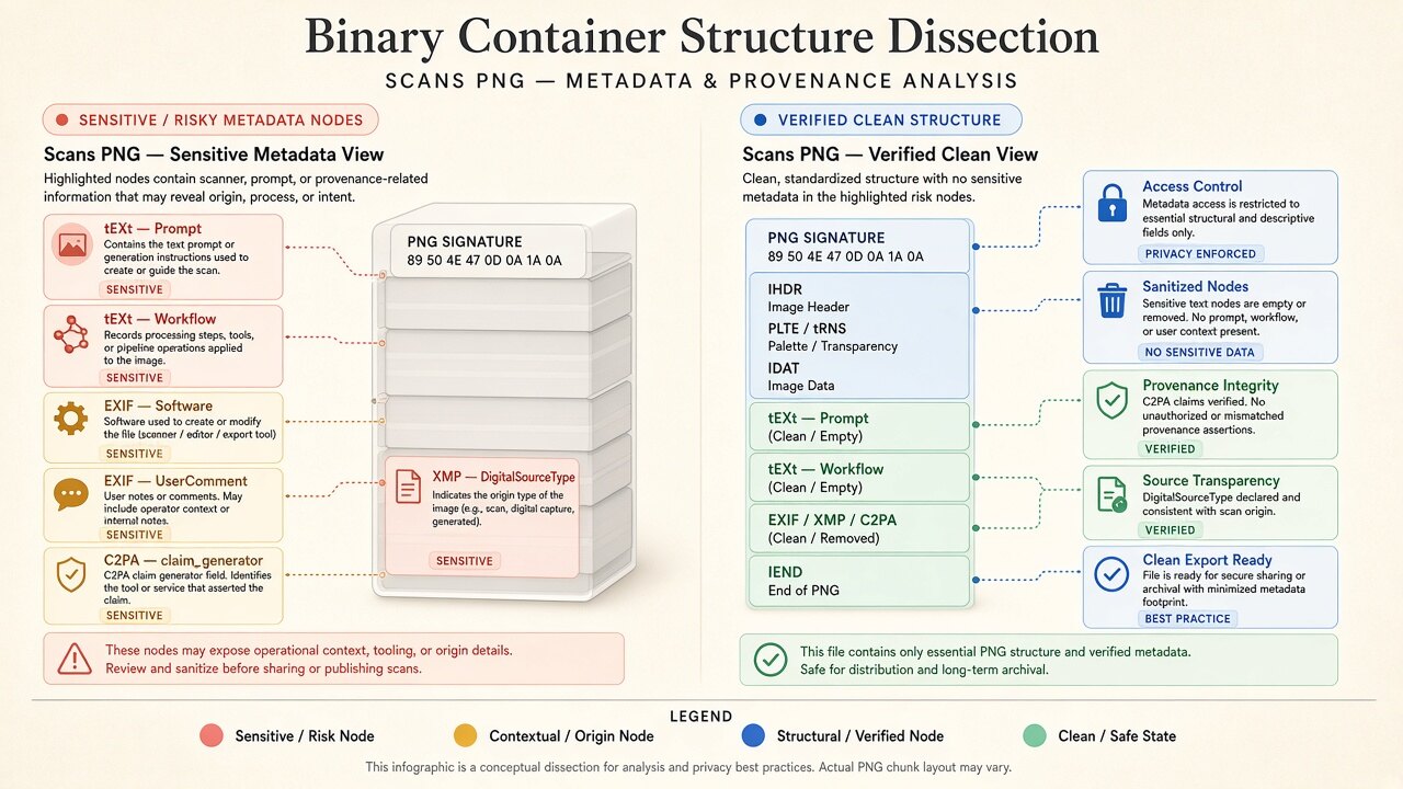 Binary inspection diagram showing how ai metadata checker parses hidden container fields without uploading files