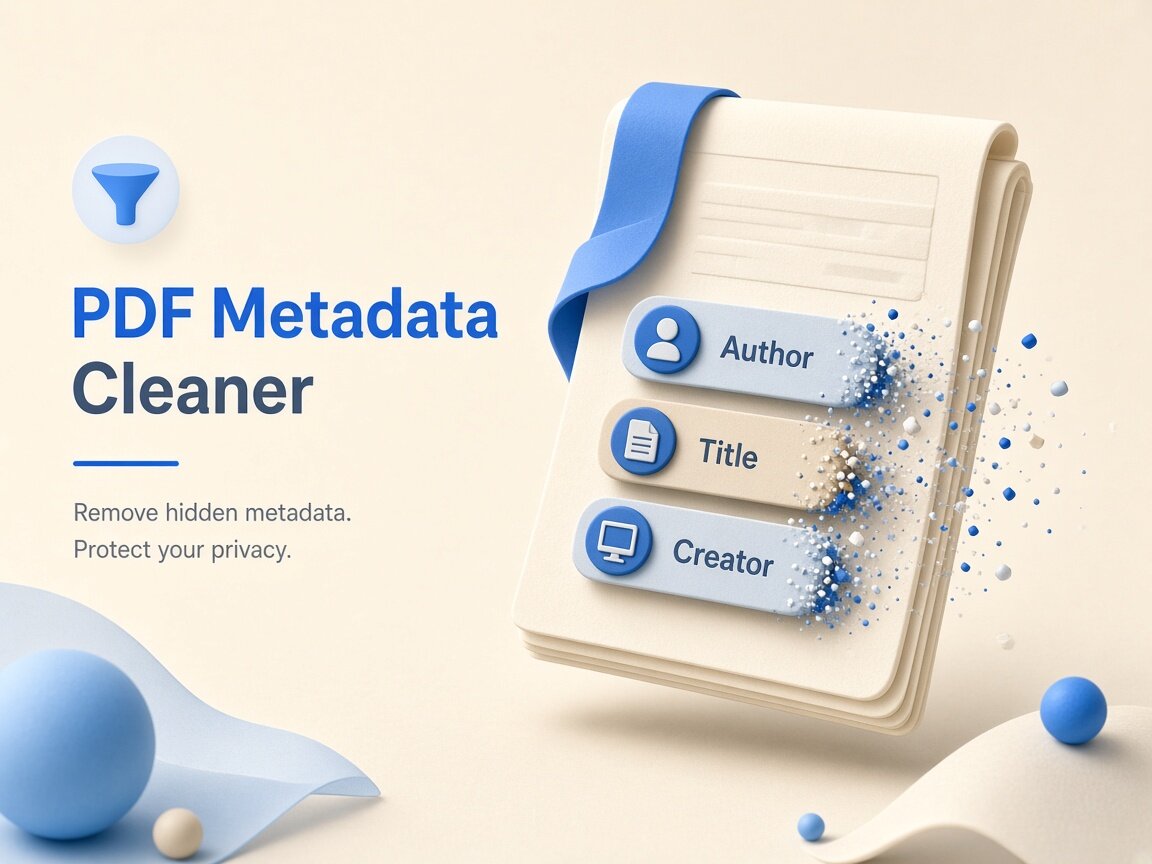 Product illustration showing PDF Author, Creator, and Producer fields cleared locally to clean PDF metadata