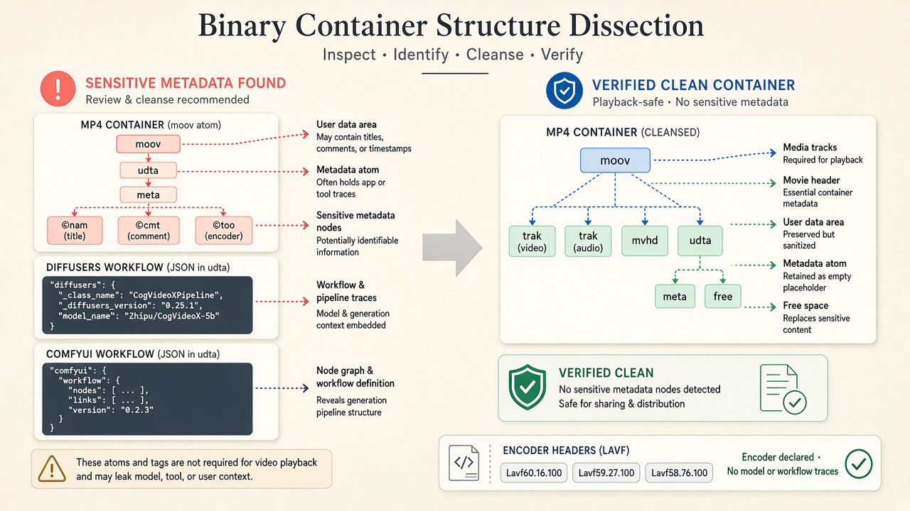 Binary MP4 container diagram illustrating how cogvideox video metadata removes moov/udta, JUMBF uuid, and XMP boxes on-device