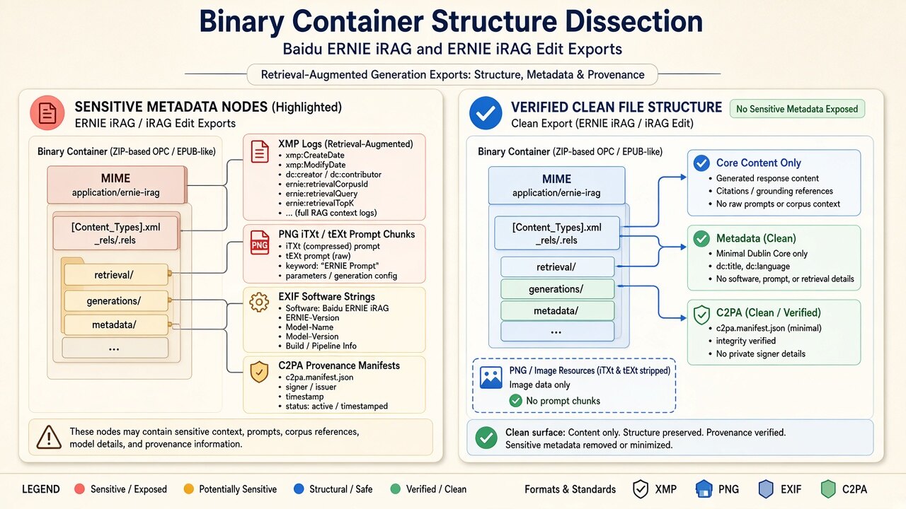 Binary container diagram illustrating how ernie image metadata removes JUMBF, XMP, and EXIF blocks on-device