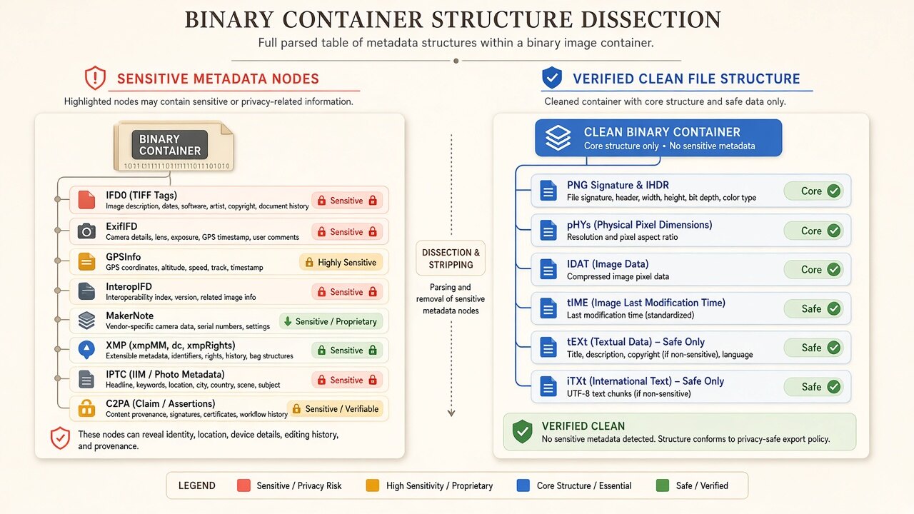 Binary inspection diagram showing how exif metadata viewer parses hidden container fields without uploading files