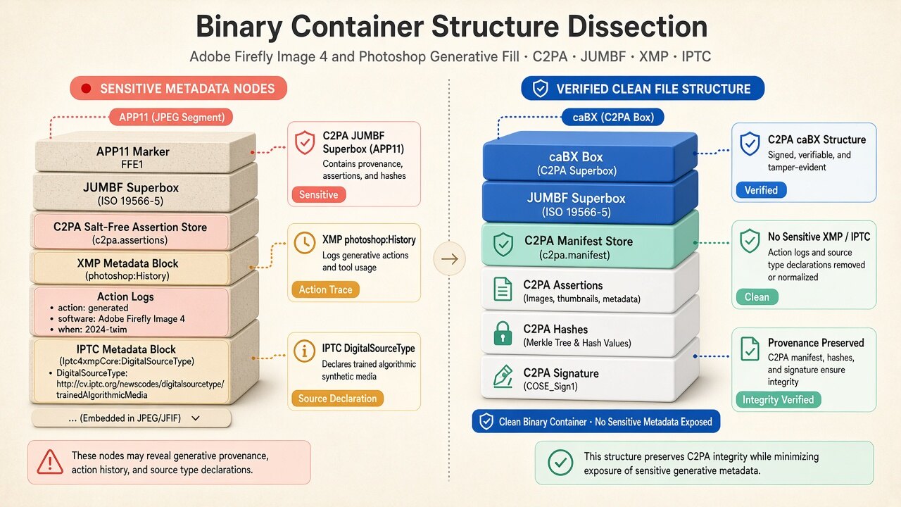 Binary container diagram illustrating how firefly image metadata removes JUMBF, XMP, and EXIF blocks on-device
