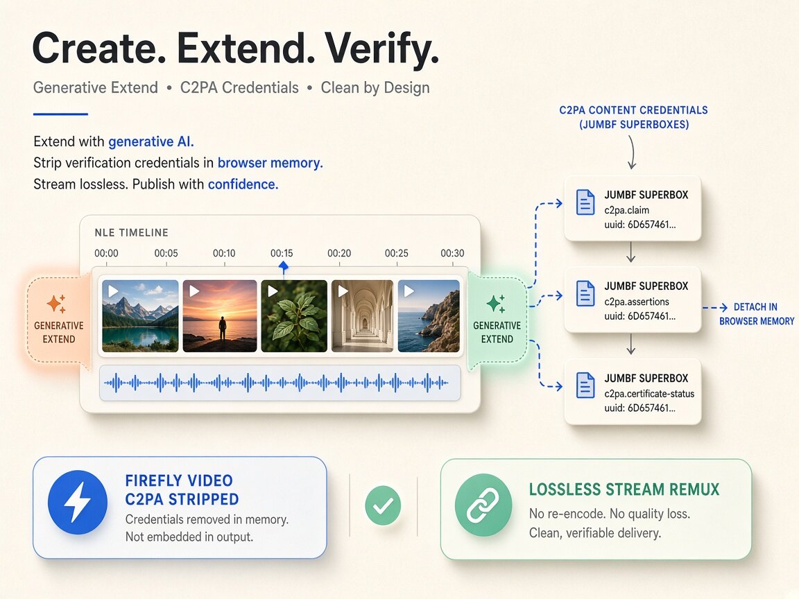 Visual comparison showing firefly video metadata container atoms and C2PA manifests stripped locally via lossless stream copy