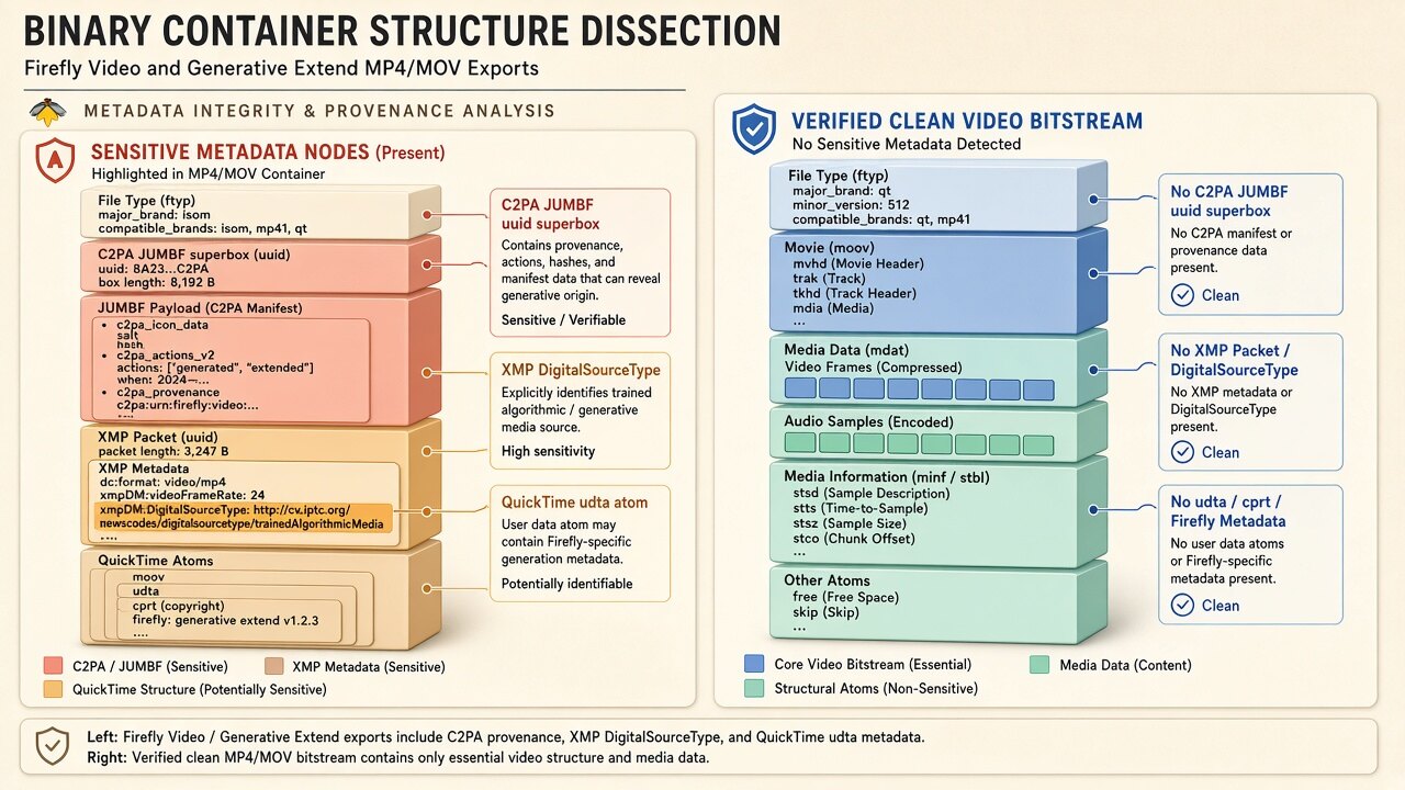 Binary MP4 container diagram illustrating how firefly video metadata removes moov/udta, JUMBF uuid, and XMP boxes on-device