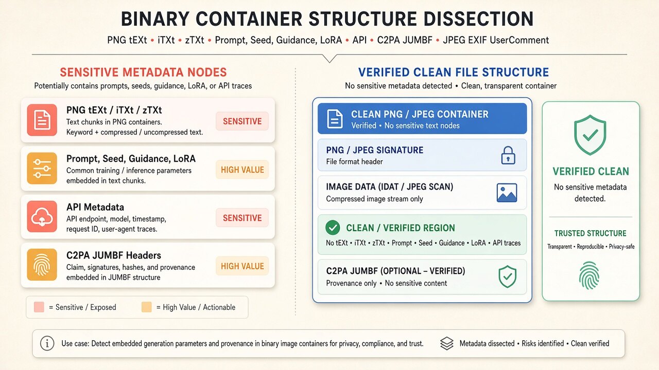 Binary container diagram illustrating how flux image metadata removes JUMBF, XMP, and EXIF blocks on-device
