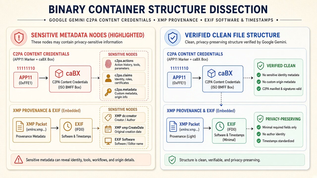 Binary container diagram illustrating how gemini image metadata removes JUMBF, XMP, and EXIF blocks on-device