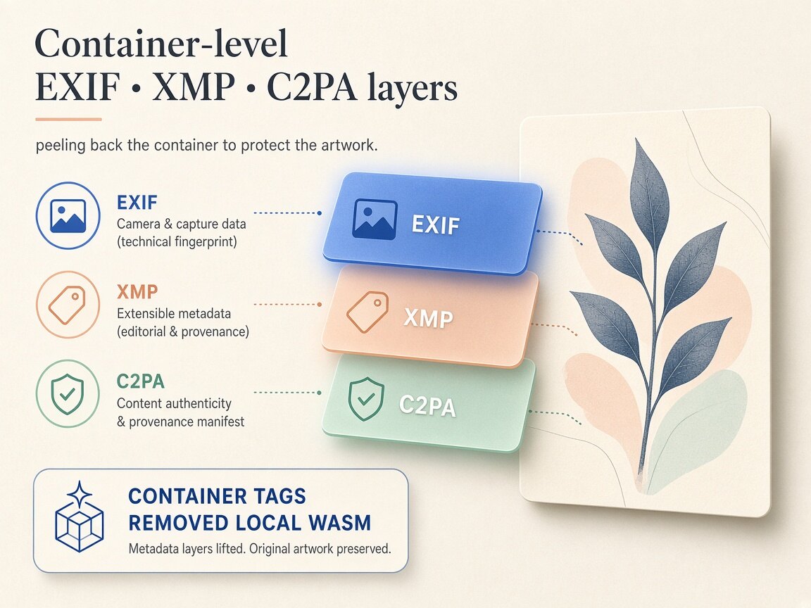 Visual comparison showing nano banana metadata container tags and C2PA manifests stripped locally in the browser