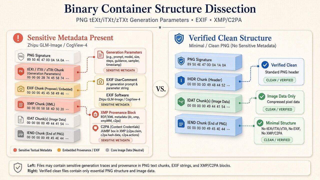 Binary container diagram illustrating how glm image metadata removes JUMBF, XMP, and EXIF blocks on-device