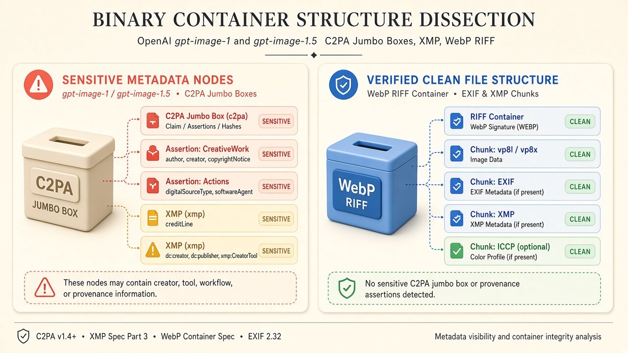 Binary container diagram illustrating how gpt image cleaner removes JUMBF, XMP, and EXIF blocks on-device