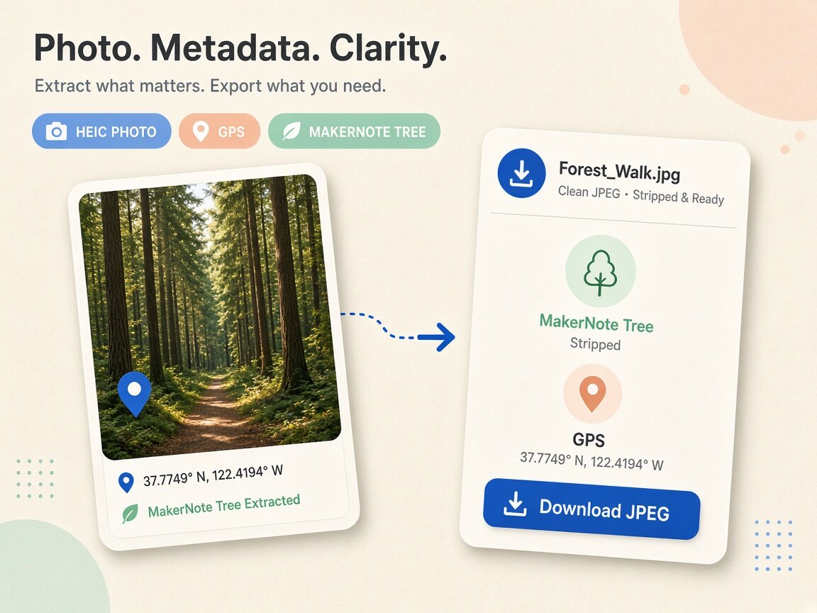 Visual comparison showing heic metadata cleaner stripping container tags and manifests locally in the browser