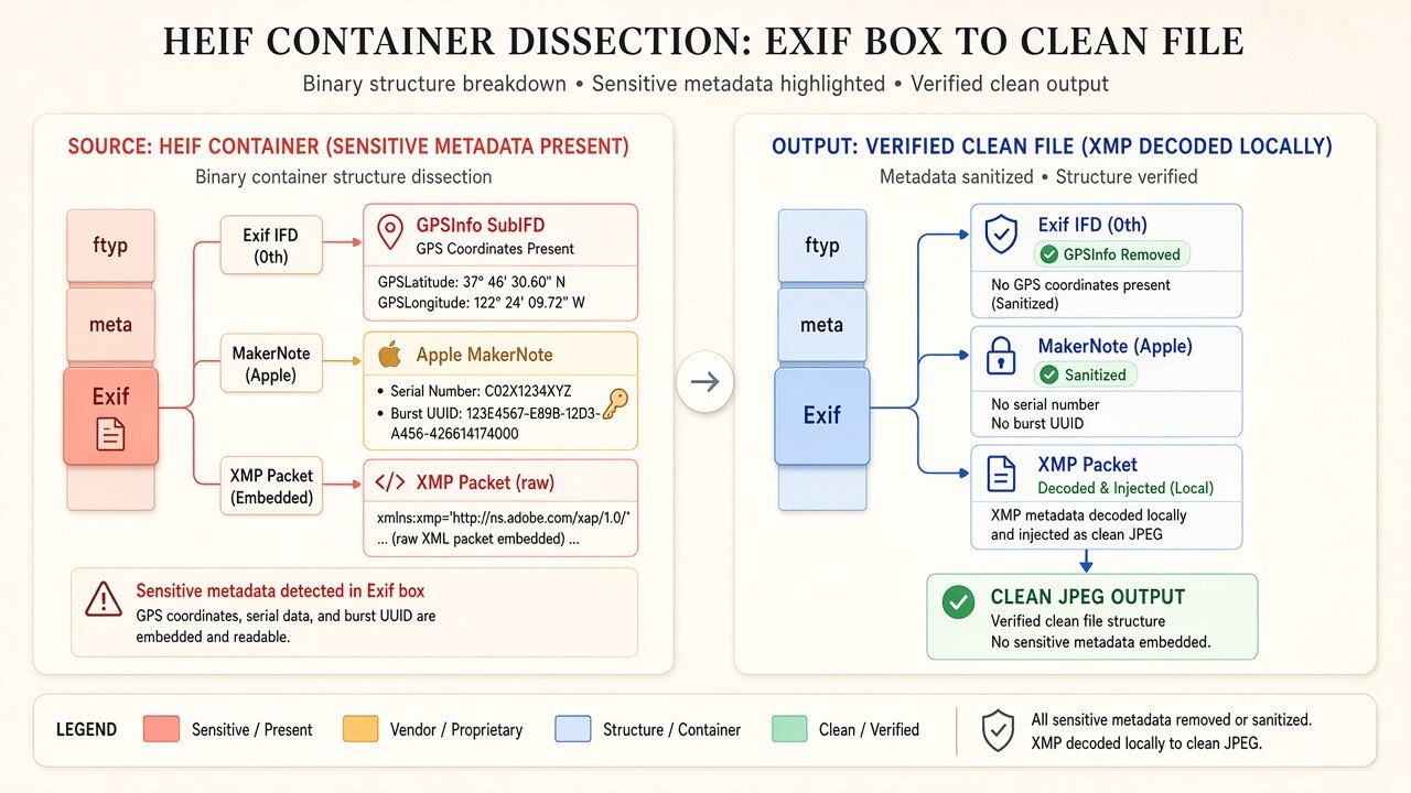 Binary container diagram illustrating how heic metadata cleaner removes hidden blocks on-device