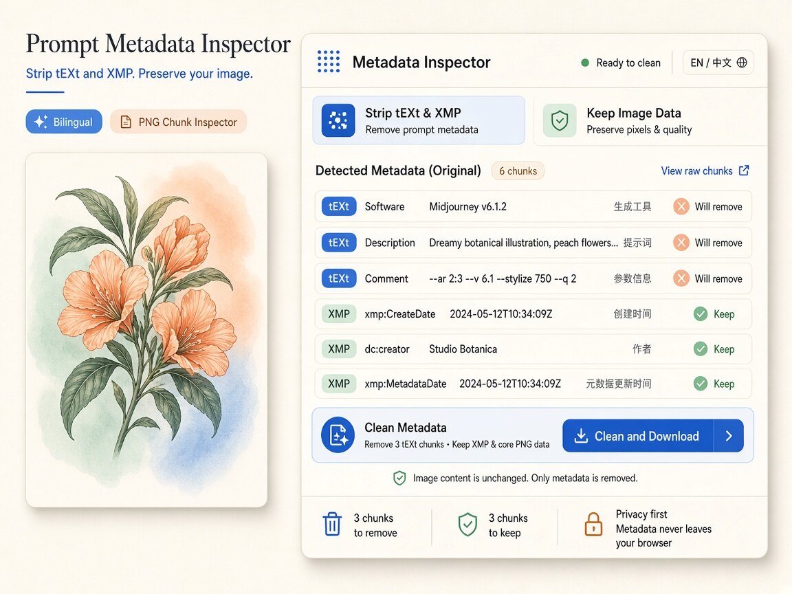 Visual comparison showing hunyuan image metadata container tags and C2PA manifests stripped locally in the browser