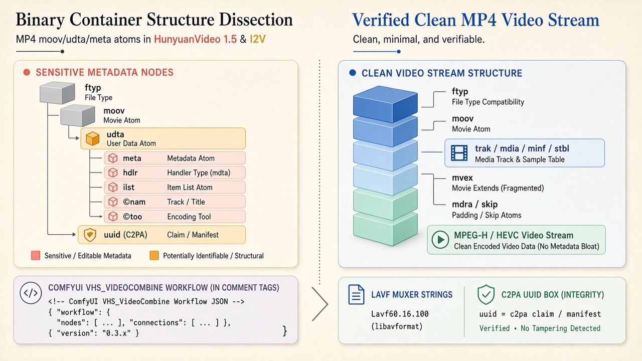 Binary MP4 container diagram illustrating how hunyuan video metadata removes moov/udta, JUMBF uuid, and XMP boxes on-device