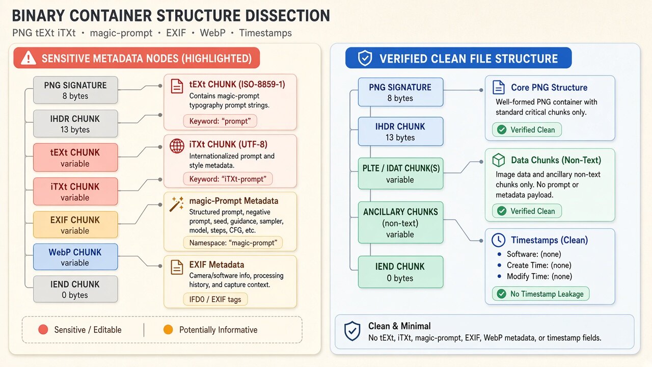 Binary container diagram illustrating how ideogram metadata cleaner removes JUMBF, XMP, and EXIF blocks on-device