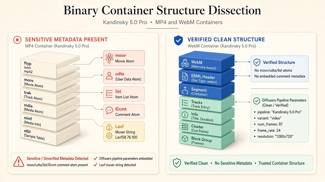 Binary MP4 container diagram illustrating how kandinsky video metadata removes moov/udta, JUMBF uuid, and XMP boxes on-device