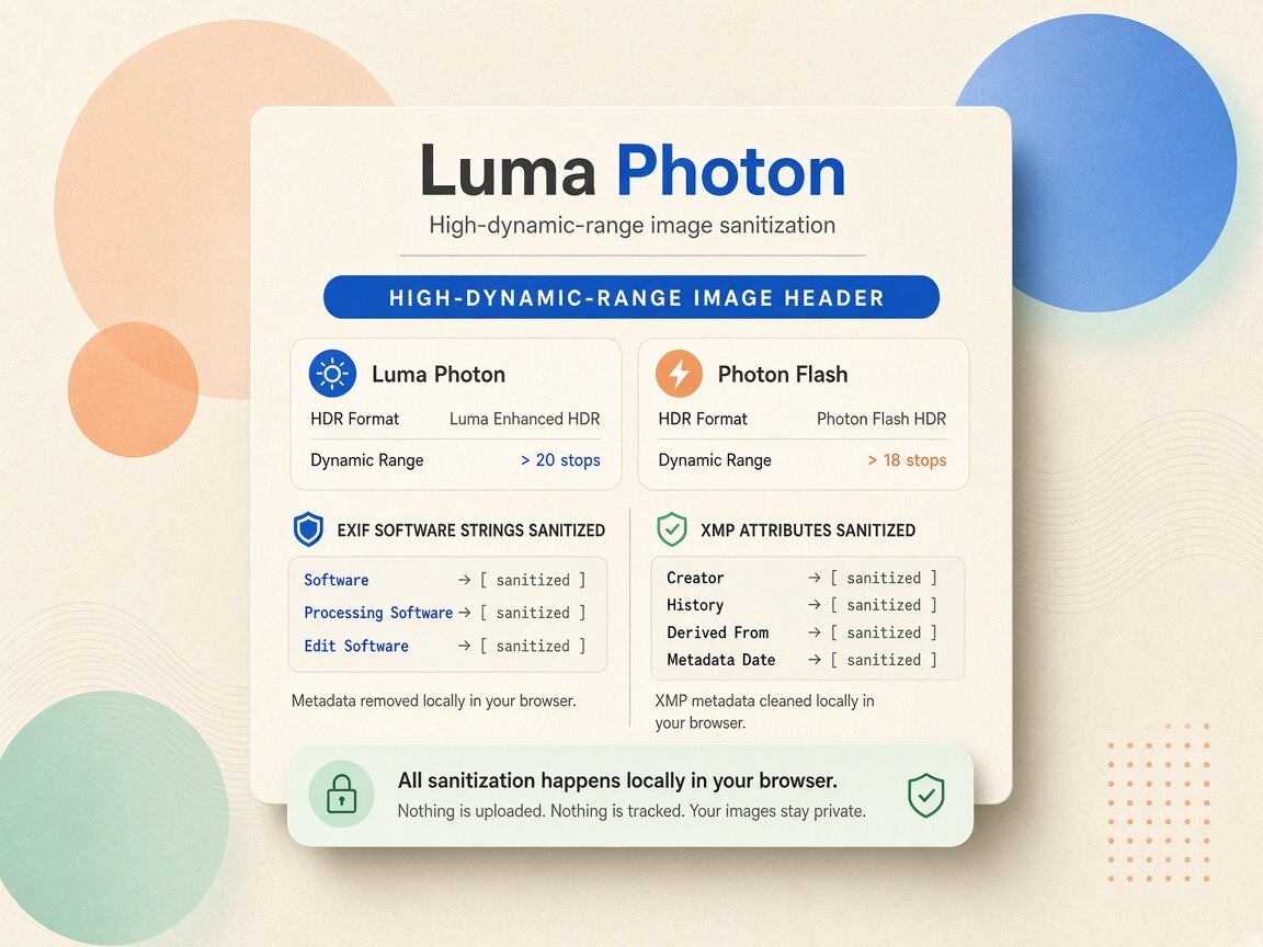 Visual comparison showing photon image metadata container tags and C2PA manifests stripped locally in the browser