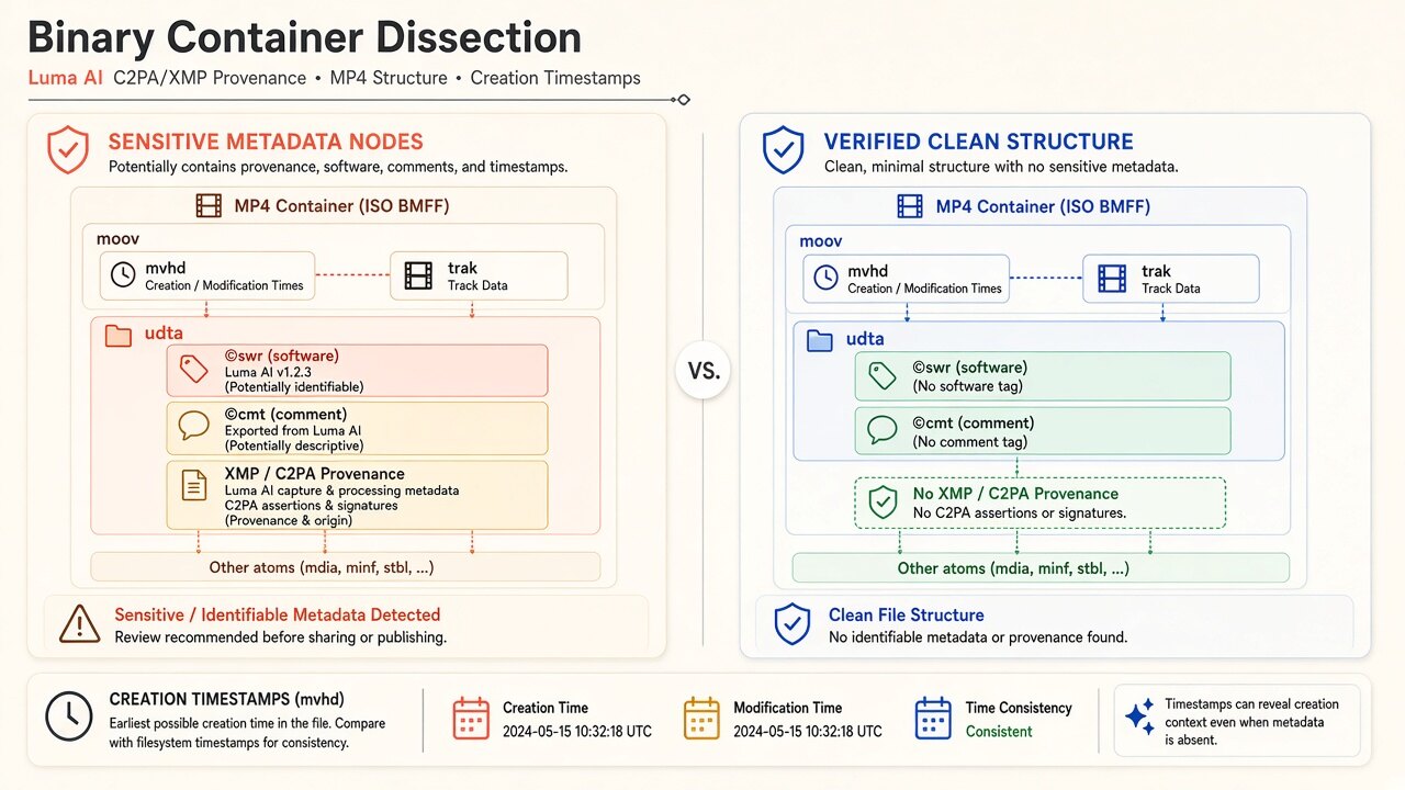Binary MP4 container diagram illustrating how luma video metadata removes moov/udta, JUMBF uuid, and XMP boxes on-device