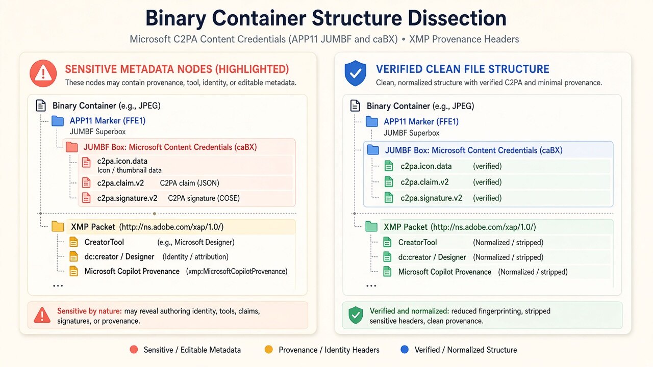 Binary container diagram illustrating how mai image metadata removes JUMBF, XMP, and EXIF blocks on-device