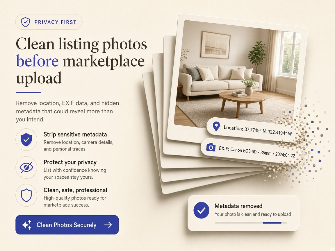 Diagram of home seller photos, demo videos, and PDFs cleaned locally before storefront upload