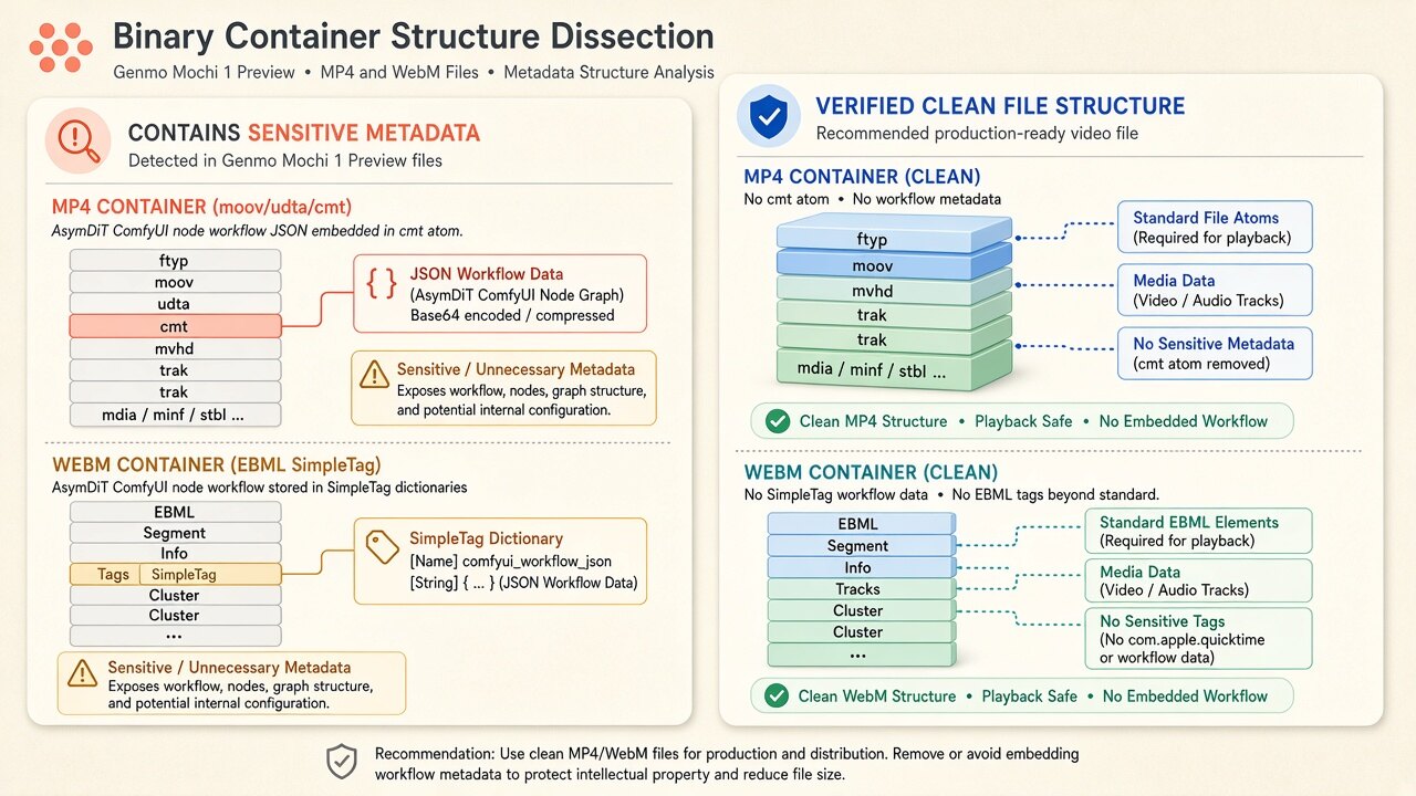 Binary MP4 container diagram illustrating how mochi video metadata removes moov/udta, JUMBF uuid, and XMP boxes on-device