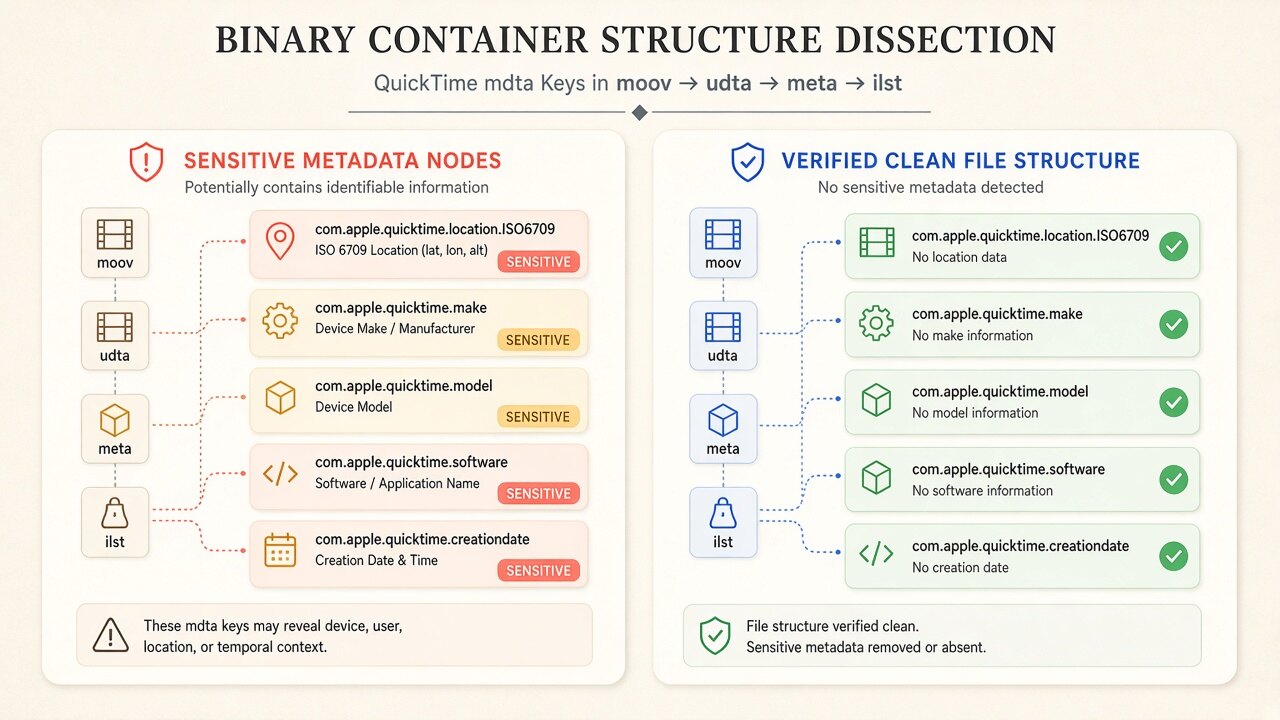Binary atom diagram illustrating how mov metadata cleaner strips outer container boxes while copying video and audio streams