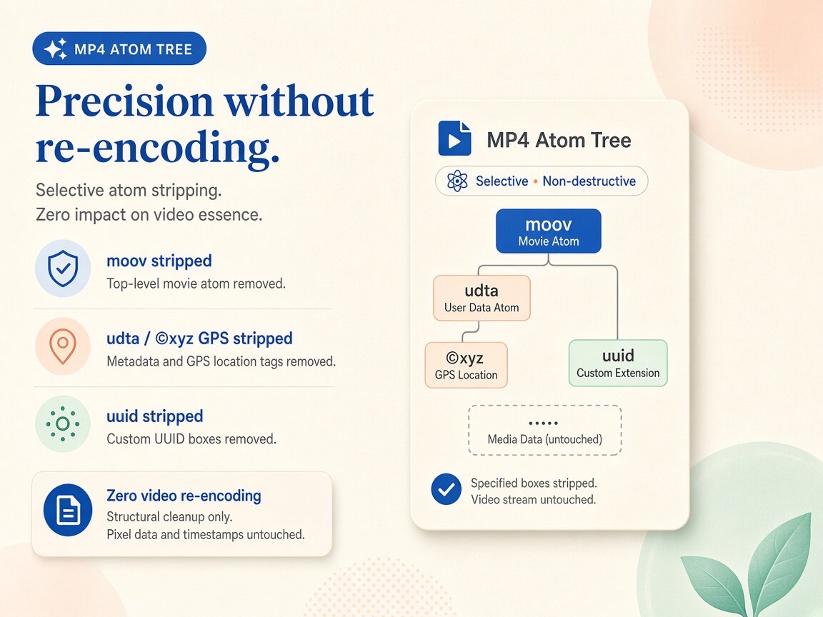 Visual comparison showing mp4 metadata cleaner remuxing video containers losslessly in the browser