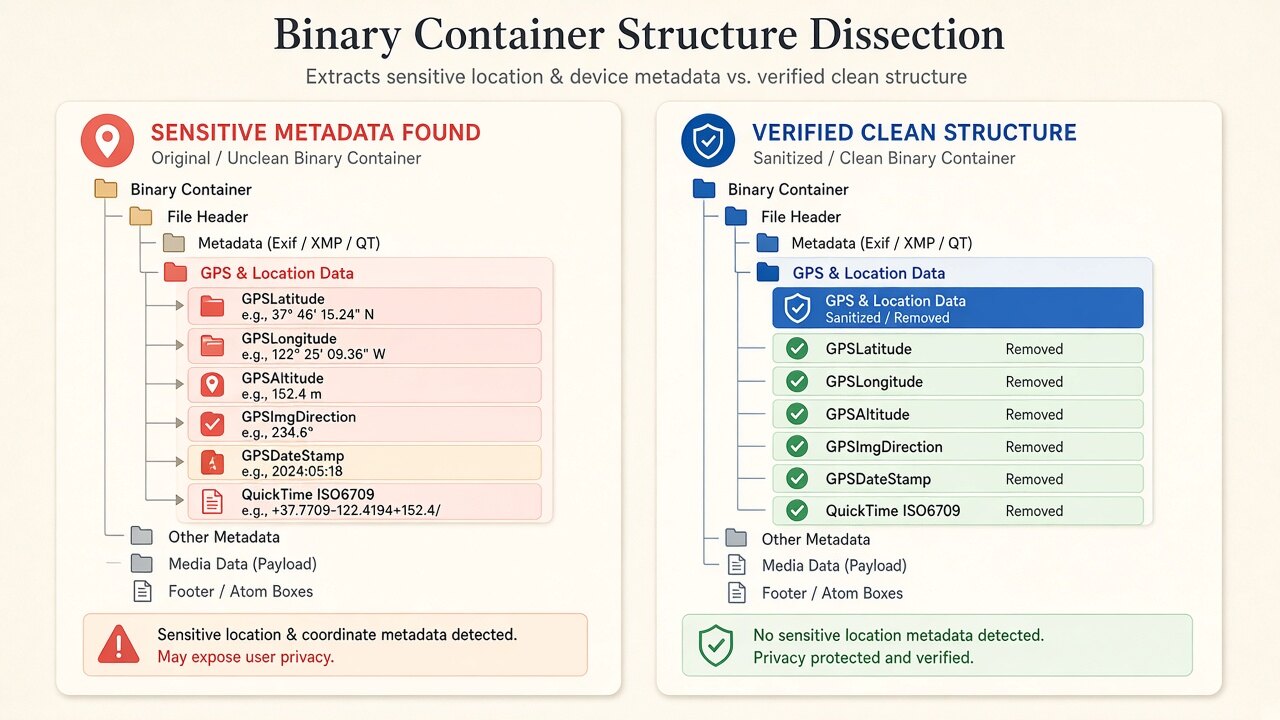 Binary inspection diagram showing how photo gps checker parses hidden container fields without uploading files