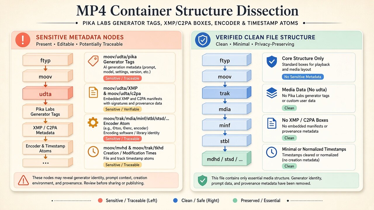 Binary MP4 container diagram illustrating how pika video metadata removes moov/udta, JUMBF uuid, and XMP boxes on-device