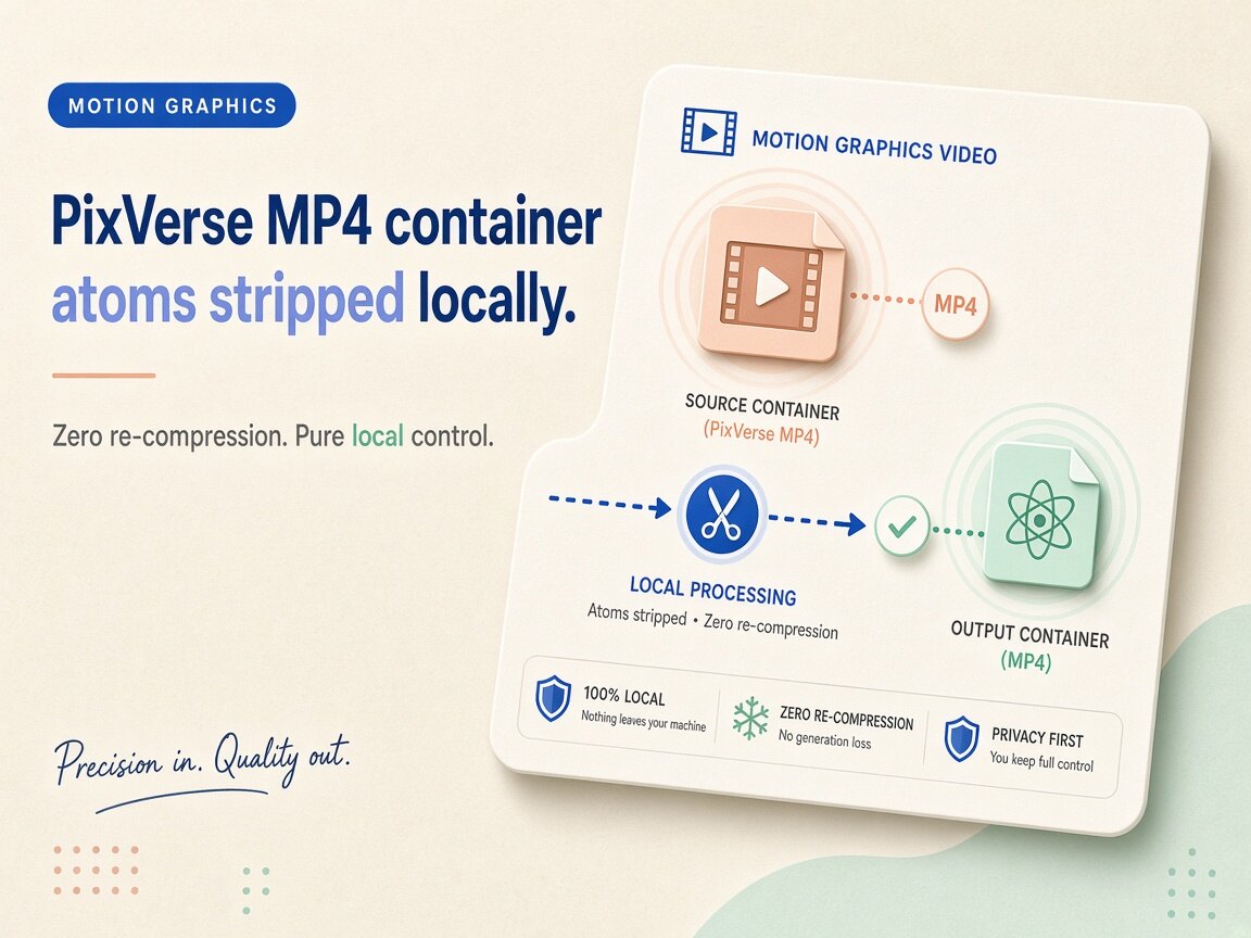 Visual comparison showing pixverse video metadata container atoms and C2PA manifests stripped locally via lossless stream copy