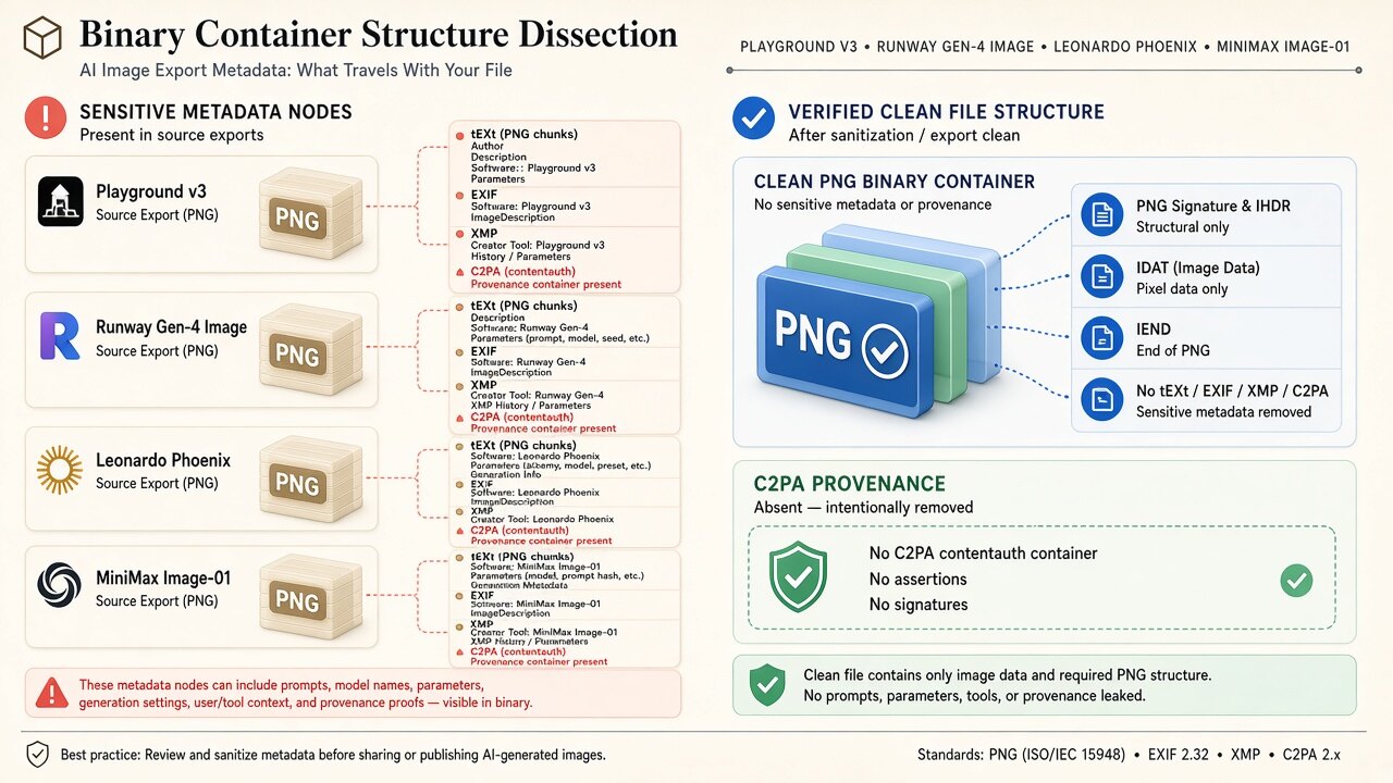 Binary container diagram illustrating how playground image metadata removes JUMBF, XMP, and EXIF blocks on-device