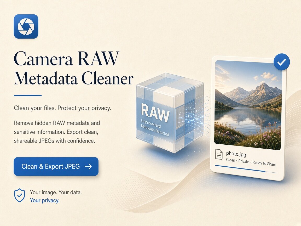 Product illustration showing camera negatives decoded into clean JPEGs by the local RAW metadata cleaner
