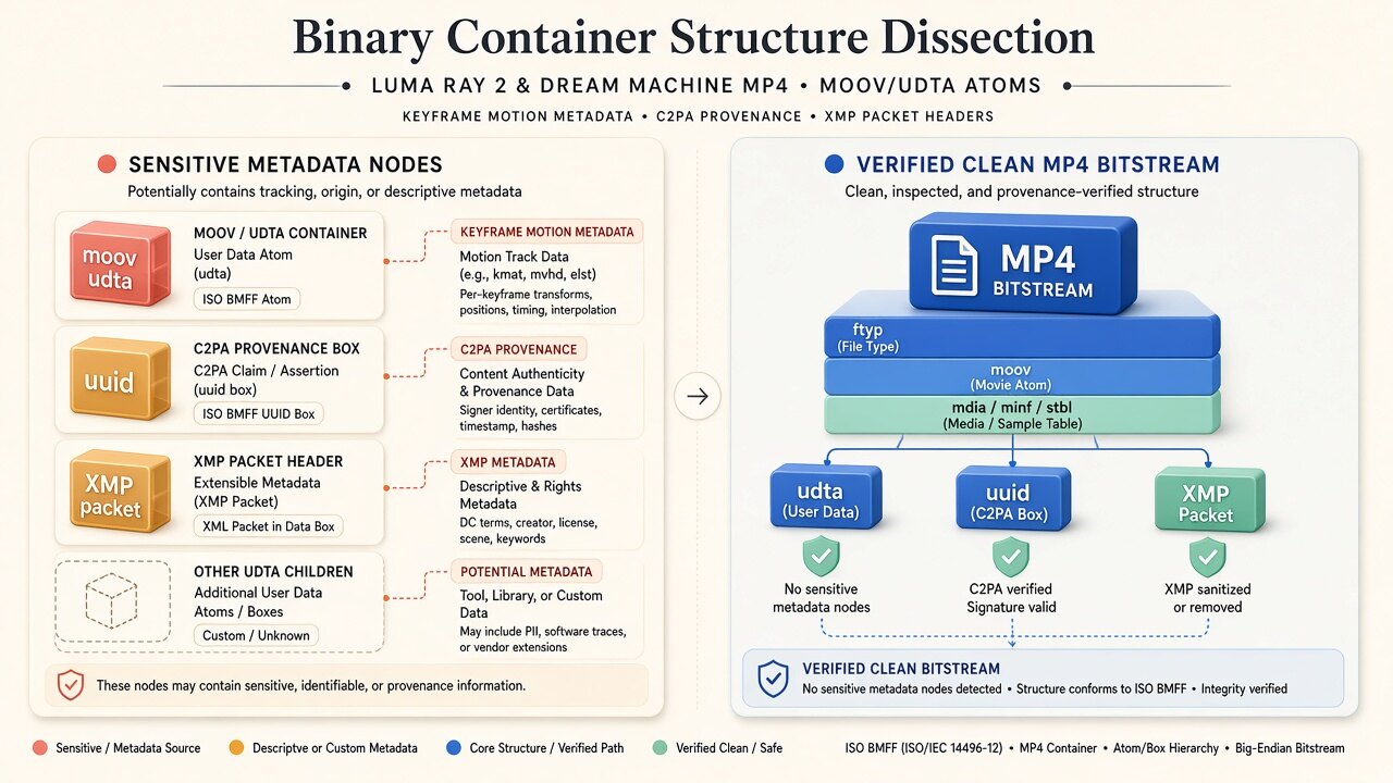 Binary MP4 container diagram illustrating how ray video metadata removes moov/udta, JUMBF uuid, and XMP boxes on-device