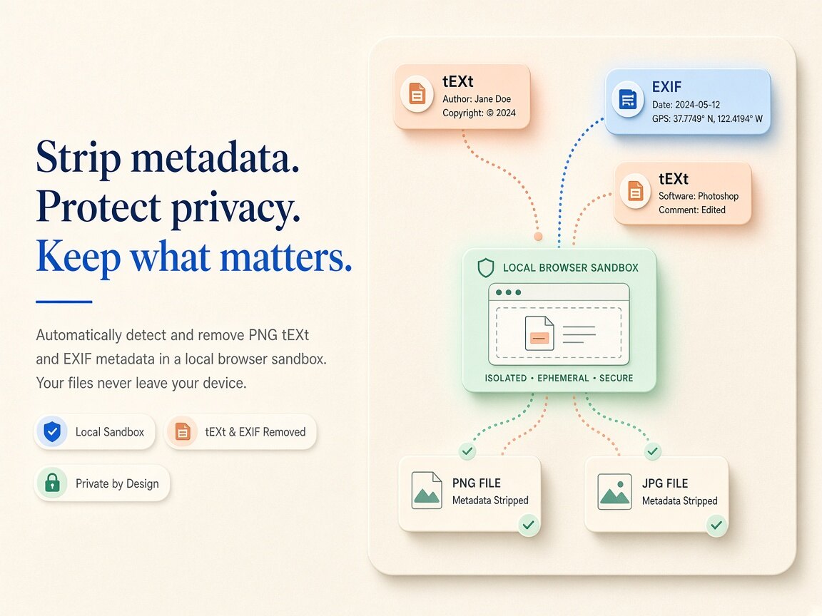 Visual comparison showing reve metadata cleaner container tags and C2PA manifests stripped locally in the browser