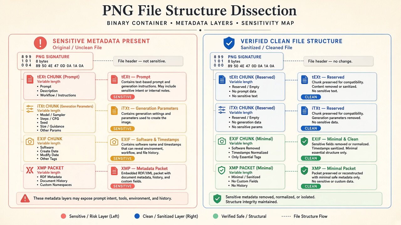 Binary container diagram illustrating how reve metadata cleaner removes JUMBF, XMP, and EXIF blocks on-device