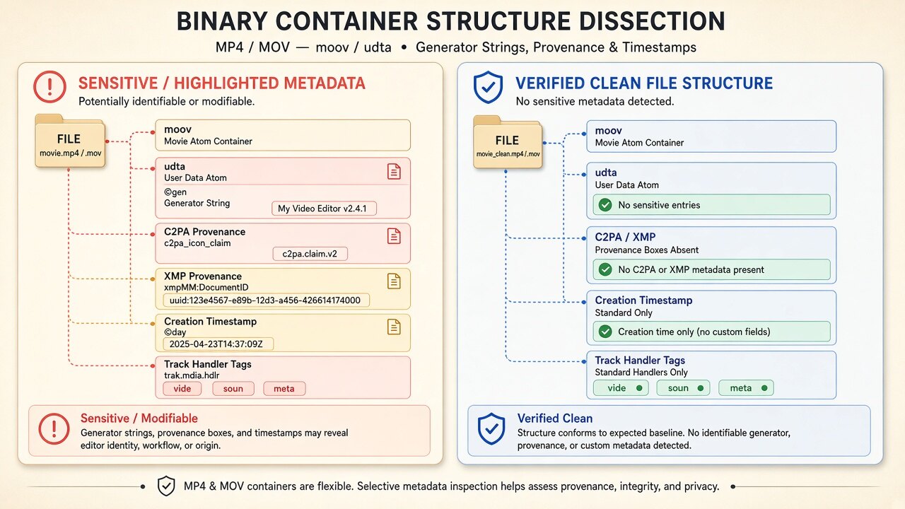 Binary MP4 container diagram illustrating how seedance video metadata removes moov/udta, JUMBF uuid, and XMP boxes on-device