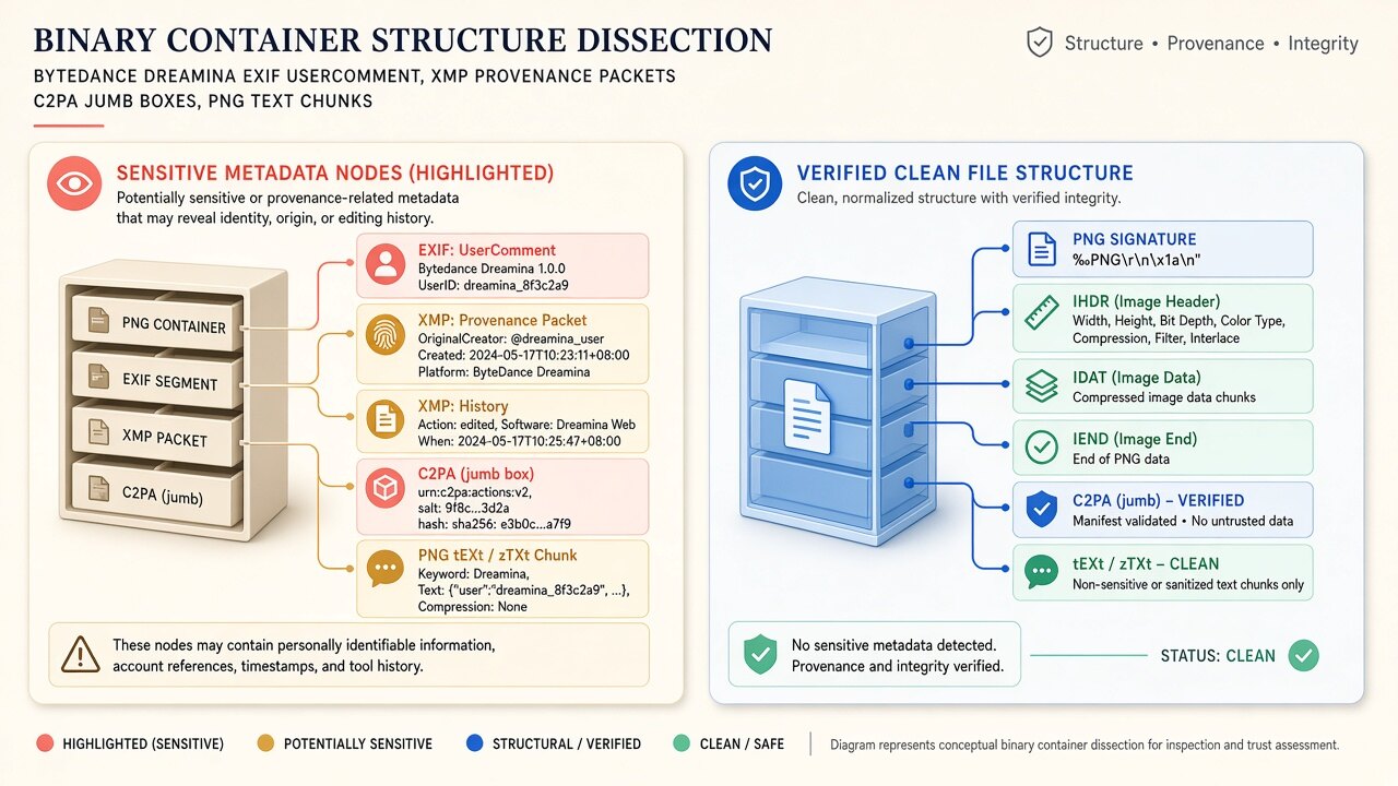 Binary container diagram illustrating how seedream image metadata removes JUMBF, XMP, and EXIF blocks on-device