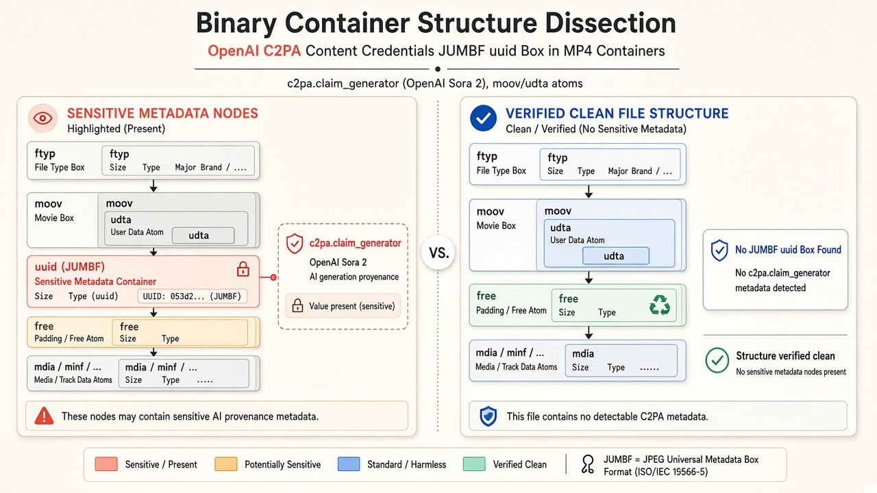Binary MP4 container diagram illustrating how sora video metadata removes moov/udta, JUMBF uuid, and XMP boxes on-device