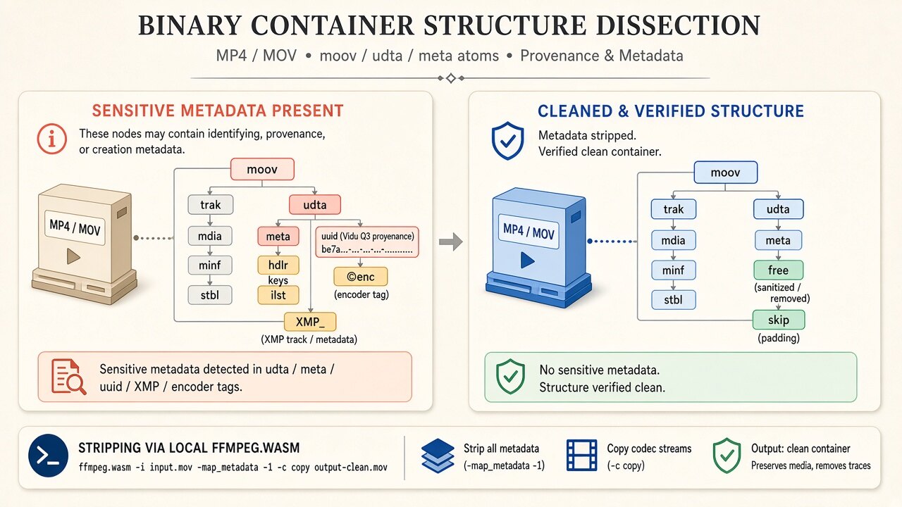 Binary MP4 container diagram illustrating how vidu video metadata removes moov/udta, JUMBF uuid, and XMP boxes on-device