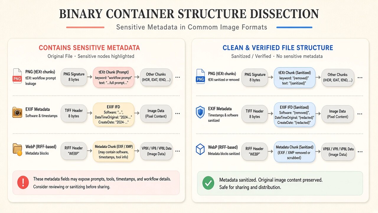 Binary container diagram illustrating how wan image metadata removes JUMBF, XMP, and EXIF blocks on-device