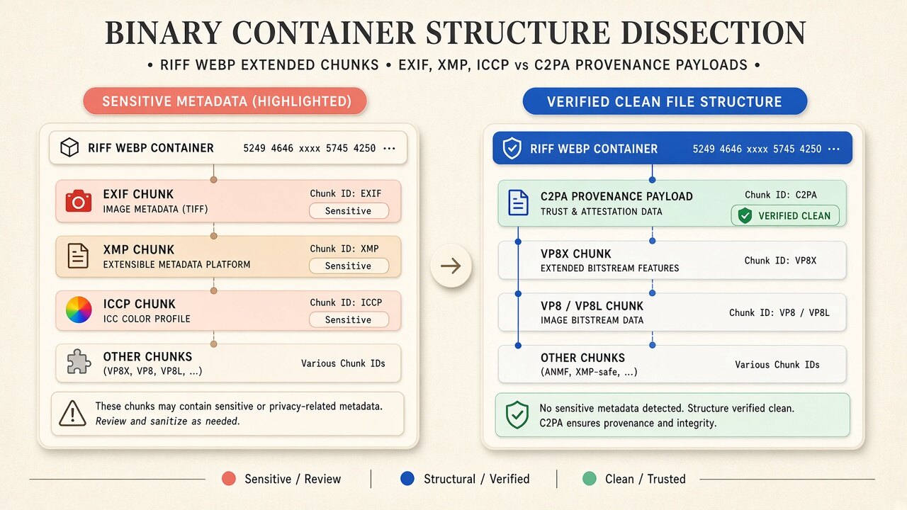Binary container diagram illustrating how webp metadata cleaner removes hidden blocks on-device