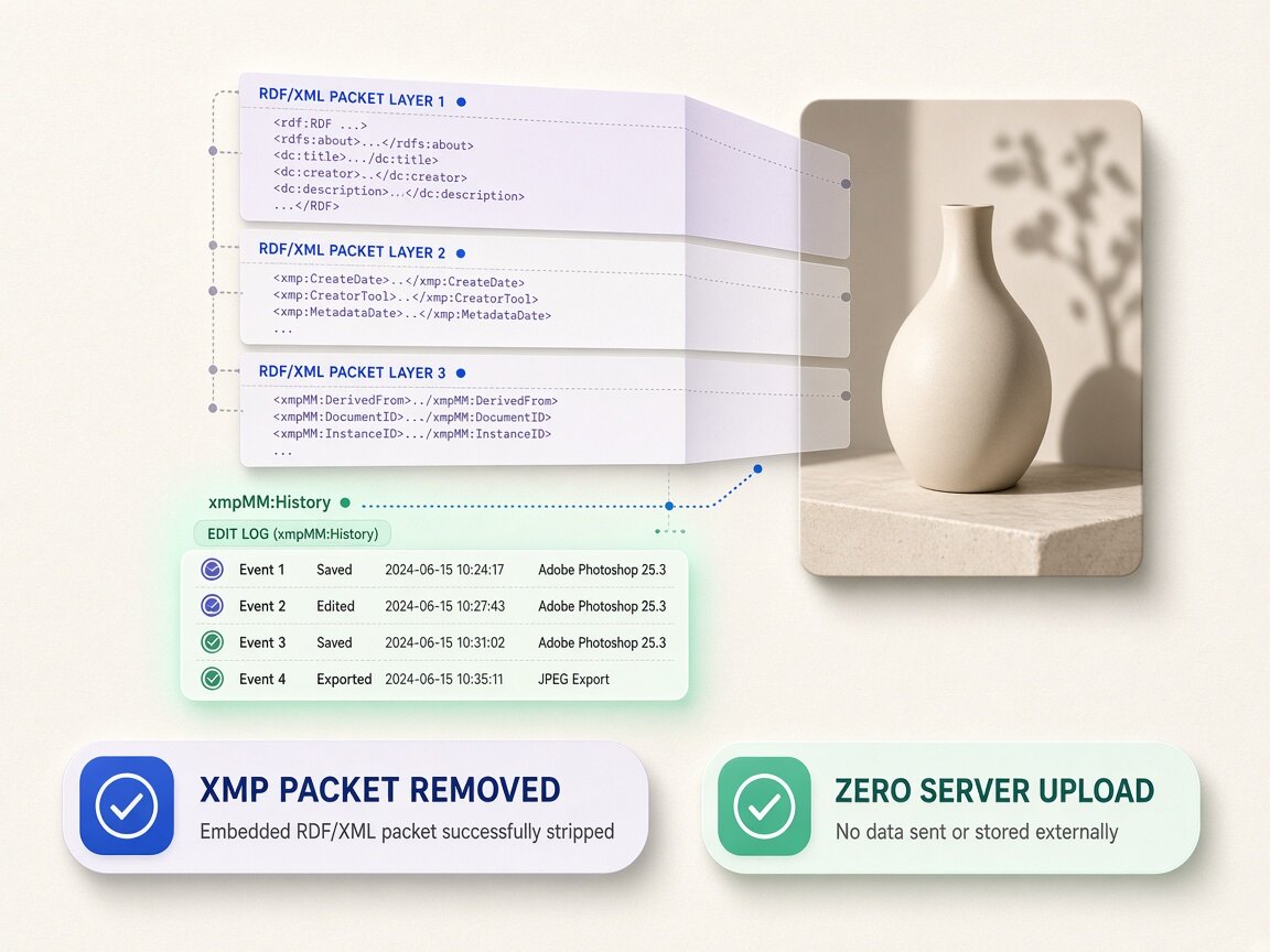 Visual comparison showing xmp metadata remover stripping container tags and manifests locally in the browser