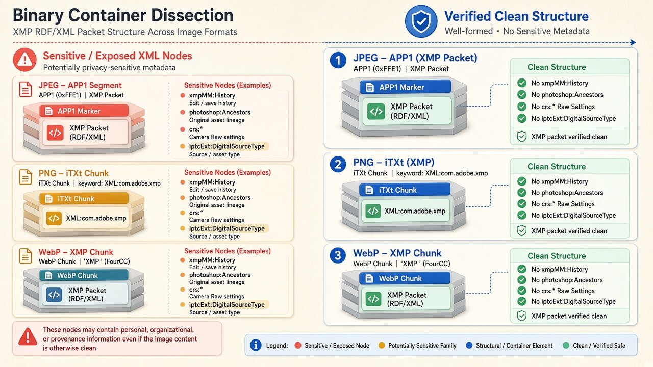 Binary container diagram illustrating how xmp metadata remover removes hidden blocks on-device