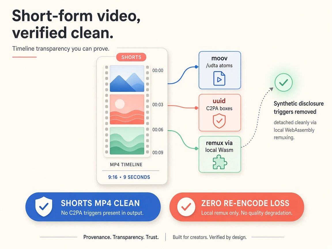 Visual comparison showing youtube video metadata container atoms and C2PA manifests stripped locally via lossless stream copy