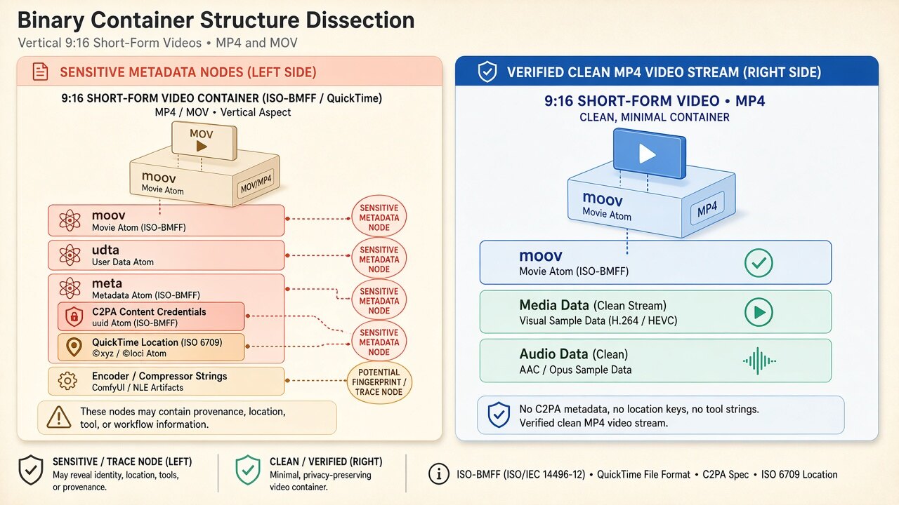 Binary MP4 container diagram illustrating how youtube video metadata removes moov/udta, JUMBF uuid, and XMP boxes on-device