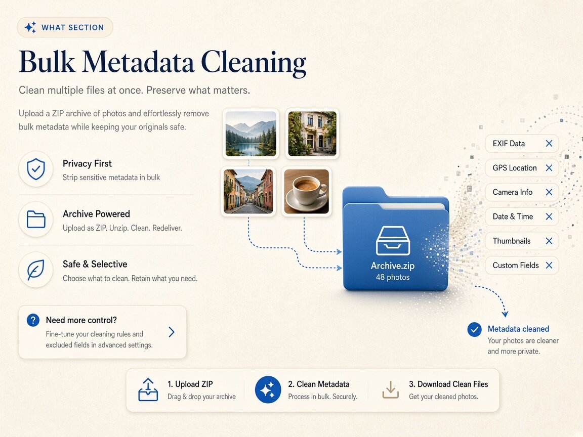 Diagram of parallel in-browser cleaning for images, RAWs, videos, and PDFs with ZIP packaging