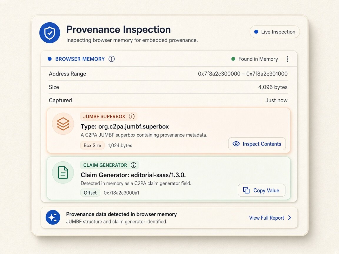 Read-only c2pa credential checker interface displaying extracted container headers and summary badges locally in the browser