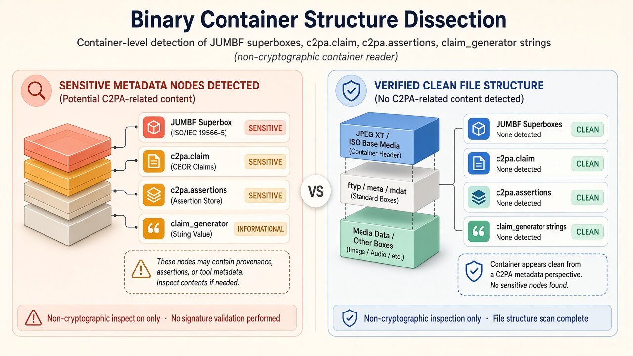Binary inspection diagram showing how c2pa credential checker parses hidden container fields without uploading files