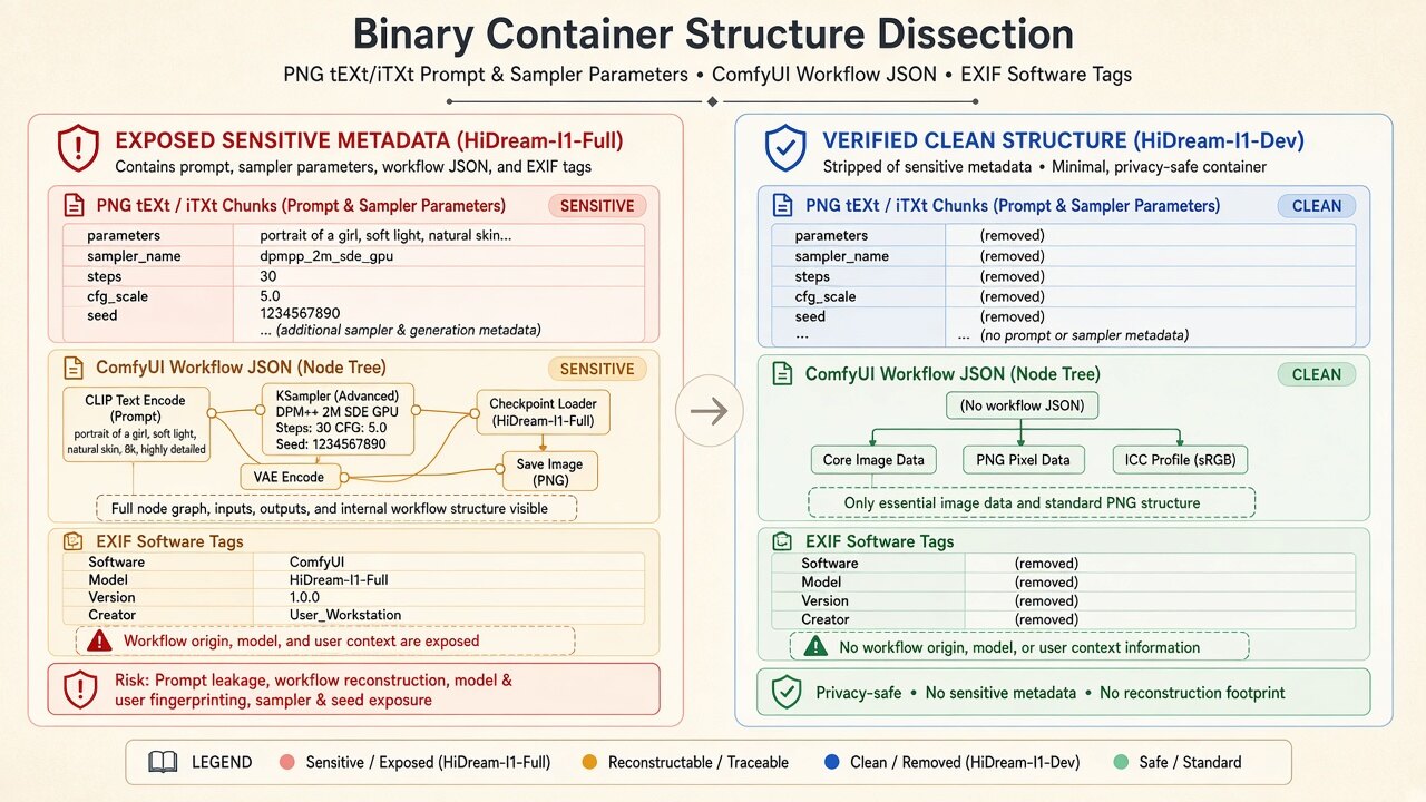 Binary container diagram illustrating how hidream image metadata removes JUMBF, XMP, and EXIF blocks on-device