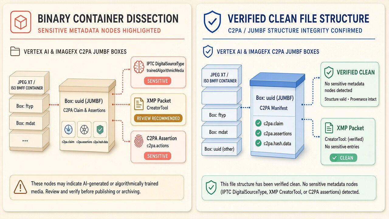 Binary container diagram illustrating how imagen metadata cleaner removes JUMBF, XMP, and EXIF blocks on-device